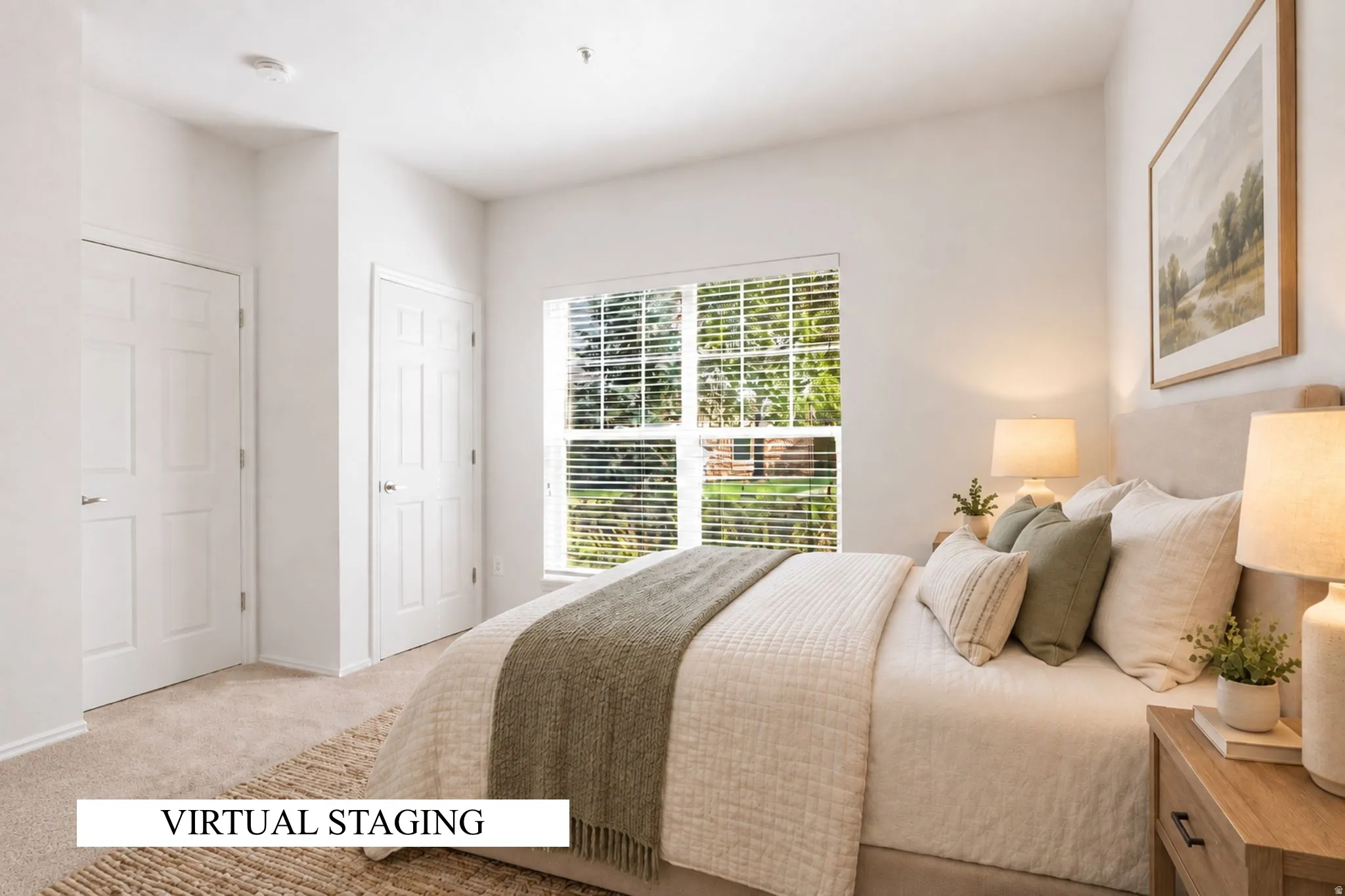 Carpeted room featuring multiple panel doors, a large window with blinds, and white walls