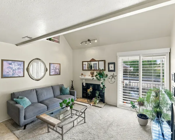 Vaulted ceiling with exposed beam, track lighting, fireplace with mantel, and sliding glass door with plantation shutters