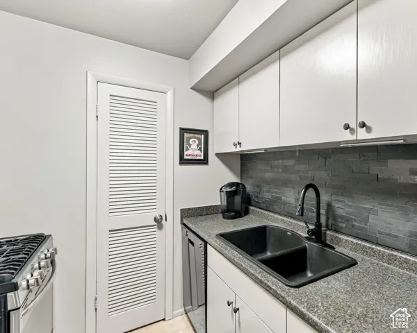 Kitchen featuring white cabinetry, a black dual-basin sink, and a black faucet