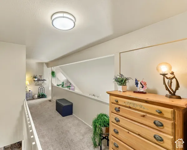 Carpeted hallway featuring a flush-mount ceiling light and white railing