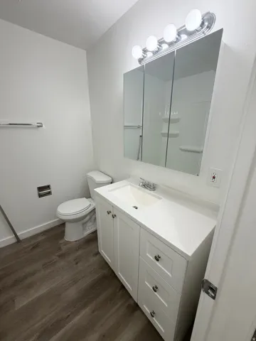 White vanity with integrated sink, wood-finish flooring, and wall-mounted medicine cabinet