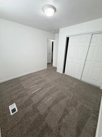 Plush patterned carpeting, neutral wall paint, and white trim