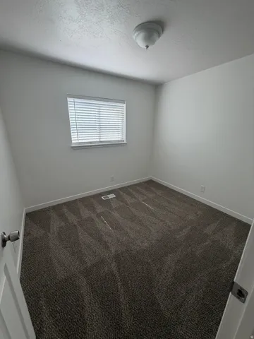 Neutral color palette, flush mount ceiling light fixture, white interior door, textured carpeting, window with horizontal blinds