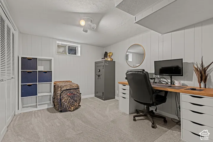 Carpeted room with paneled walls, a built-in wood-finish desk, and a window