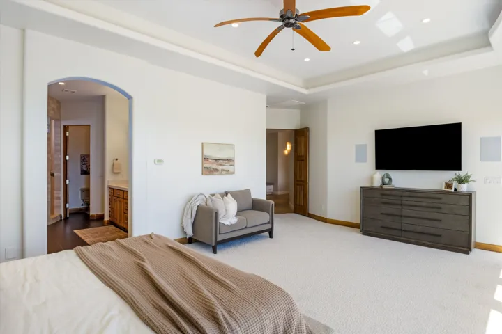 Tray ceiling with recessed lighting, wood-finish ceiling fan, and carpeted flooring