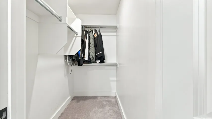 Built-in closet shelving with hanging rods and neutral carpeting