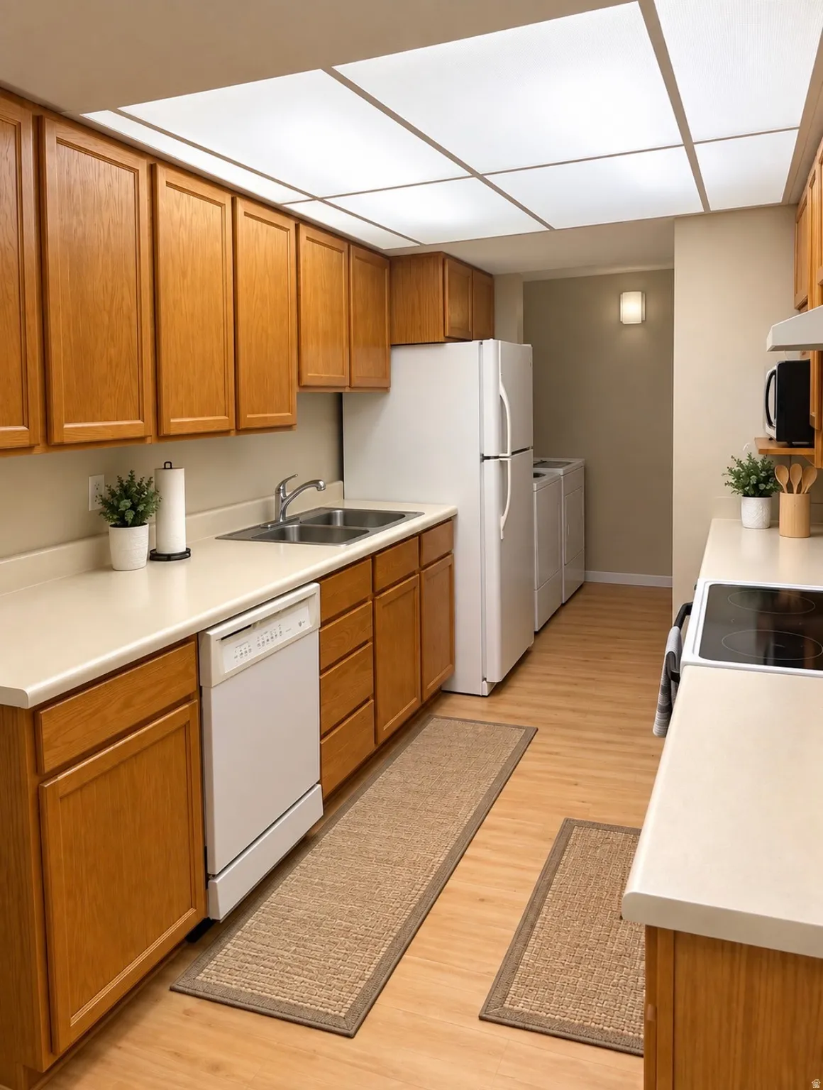 Kitchen featuring wood-finish cabinetry, light-toned countertops, a stainless steel sink, and wood-finish flooring