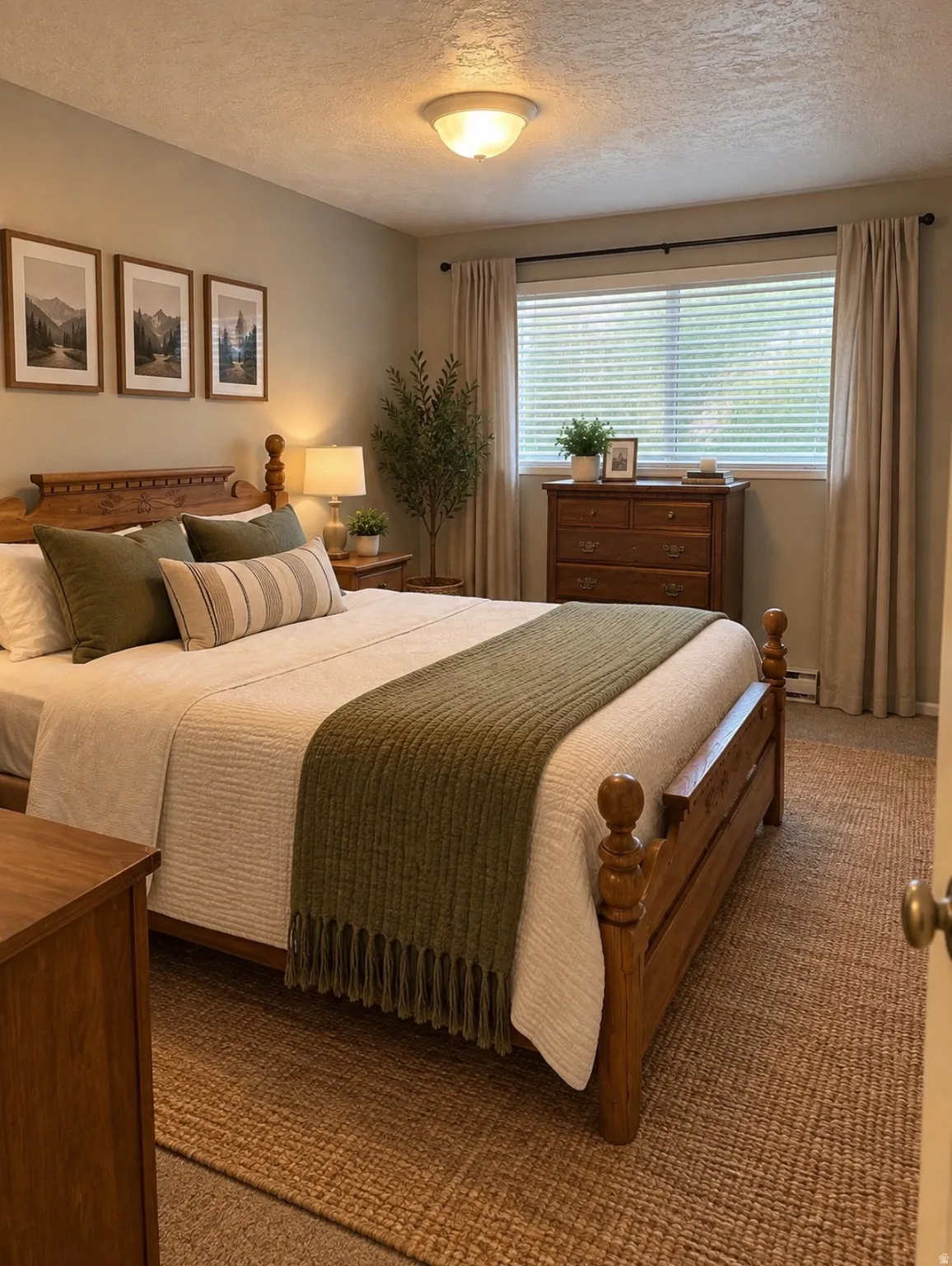 Wood-finish bed frame, large window with blinds, overhead flush mount light fixture, and neutral wall tones