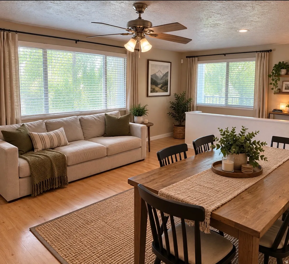Open-concept living and dining area featuring wood-finish flooring, a ceiling fan with integrated lighting, and multiple windows