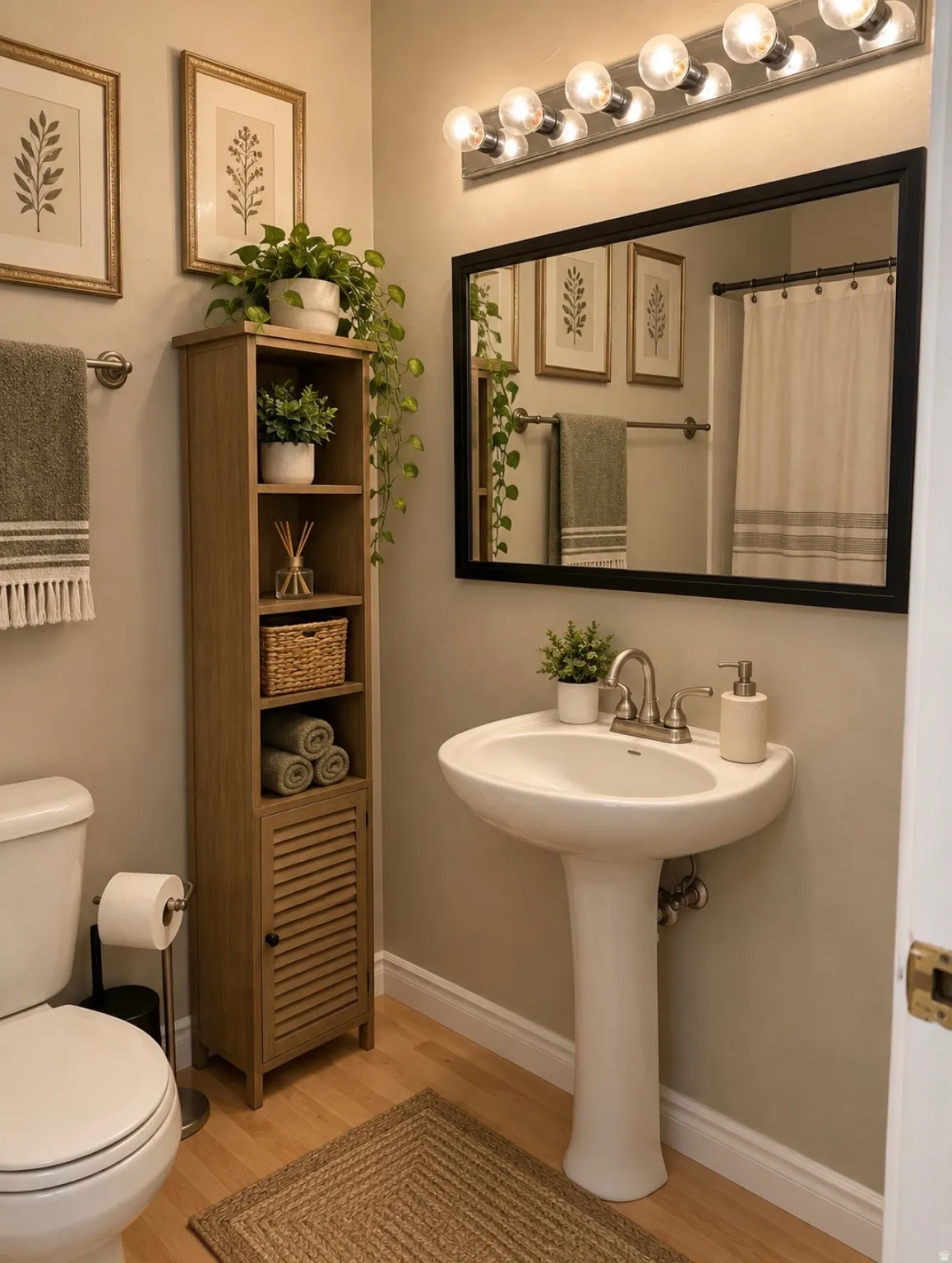 Pedestal sink with chrome-finish faucet, elongated toilet, wood-finish flooring, wall-mounted vanity lighting, and a framed vanity mirror