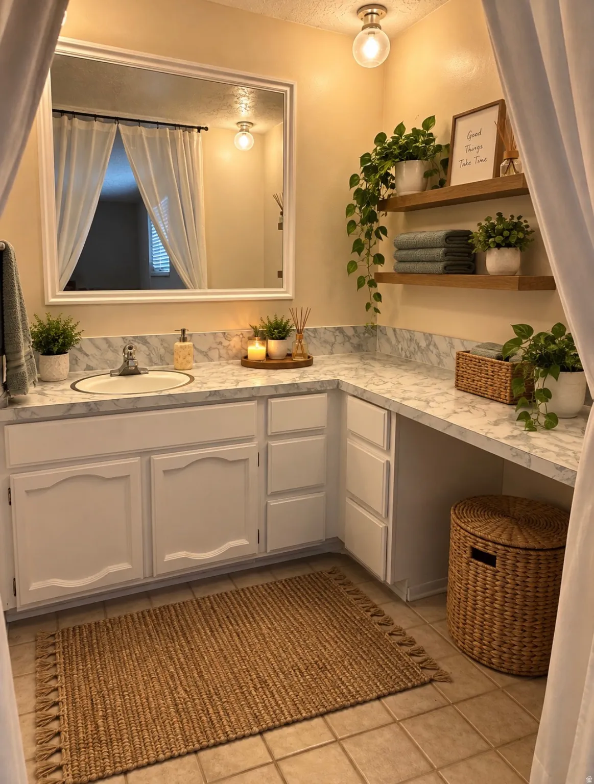 Vanity featuring an integrated sink, white cabinetry, and a marbled countertop