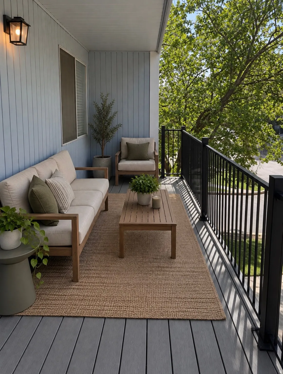 Covered balcony featuring gray wood-finish decking, black metal railings, and a wall-mounted light fixture
