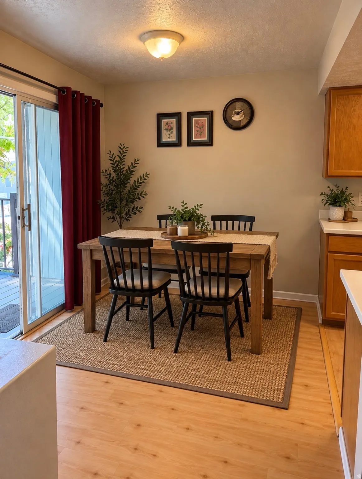 Wood-finish flooring with a woven area rug