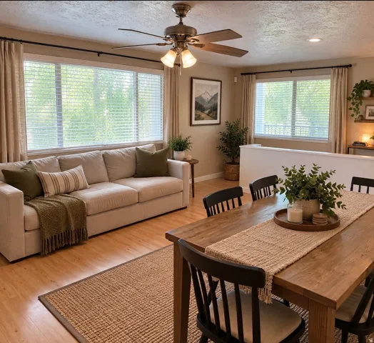 Open-concept living and dining area featuring wood-finish flooring, a ceiling fan with integrated lighting, and multiple windows
