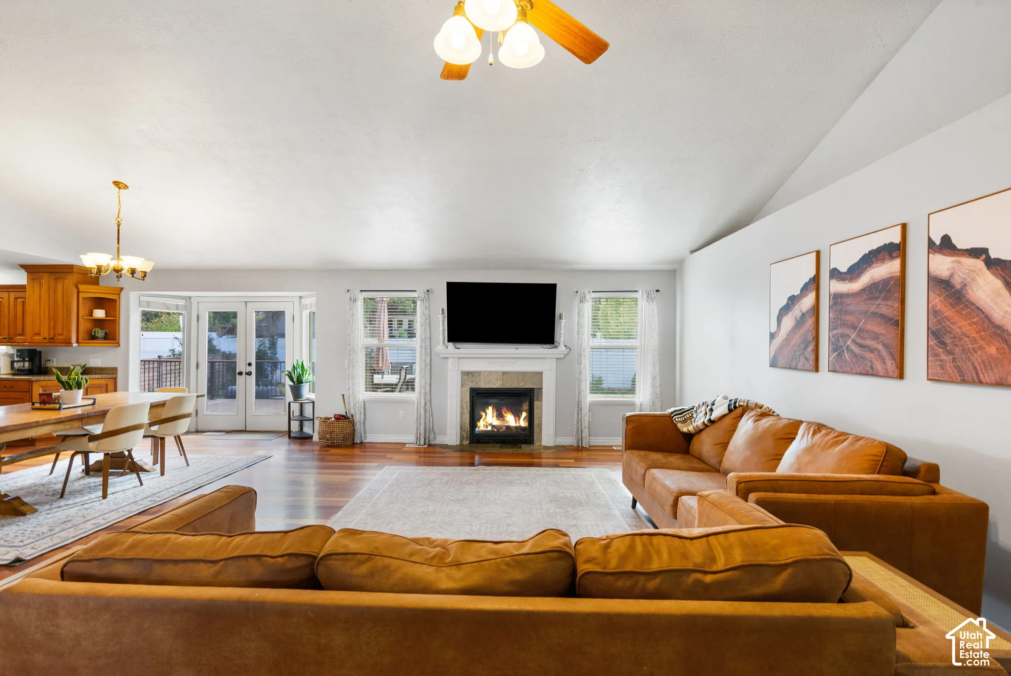 Vaulted ceiling and wood-finish flooring