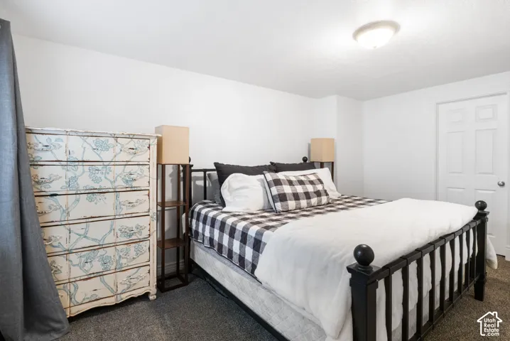White paneled door, flush-mount ceiling light, and carpeted flooring