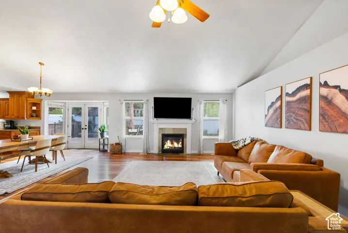 Vaulted ceiling and wood-finish flooring