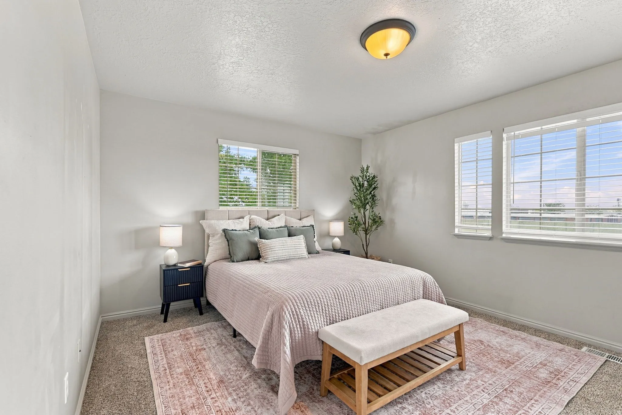 Carpeted flooring, multiple windows with blinds, and an overhead flush-mount light fixture