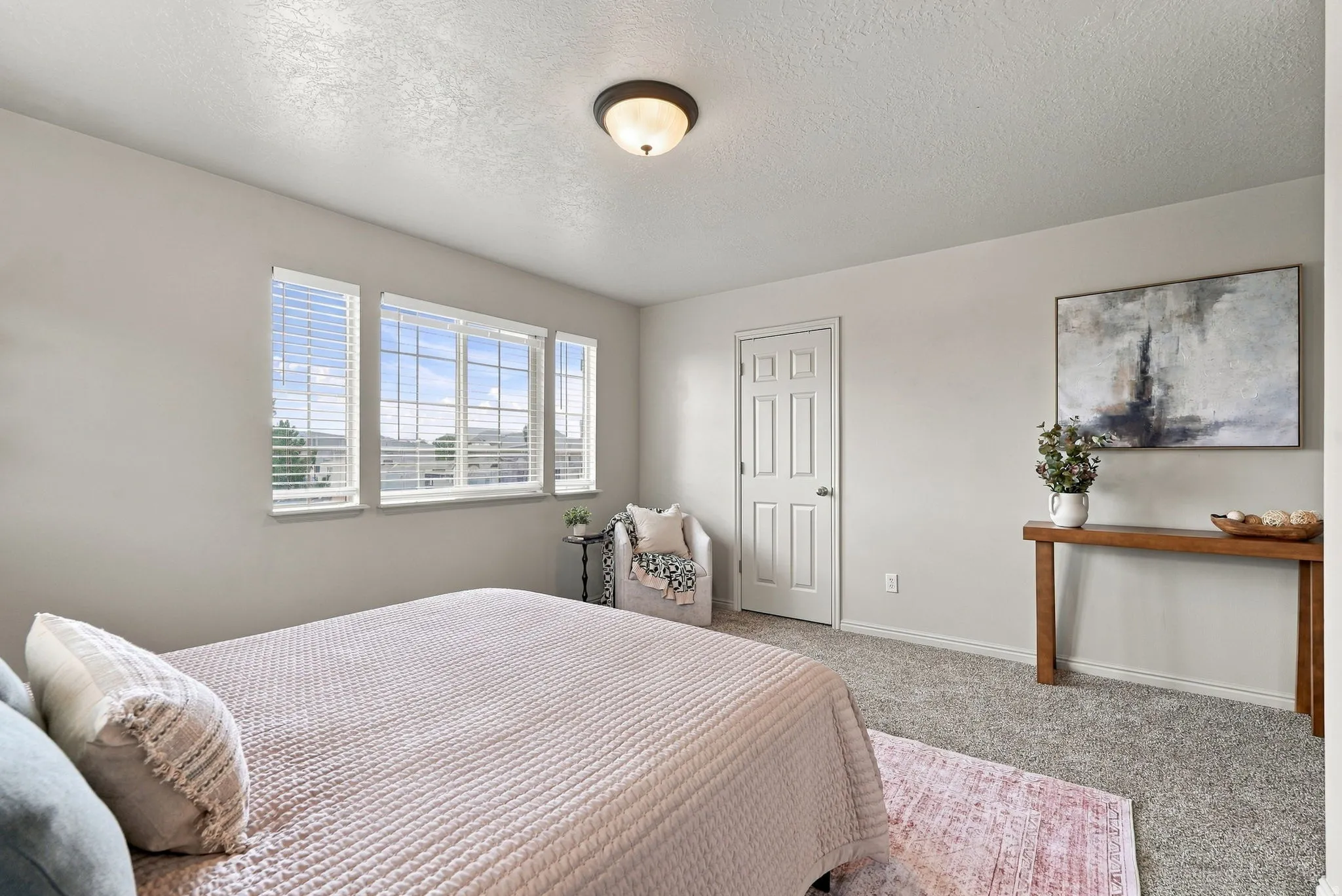 Light gray wall paint, multiple windows with horizontal blinds, overhead flush mount light fixture, textured gray carpeting, and a white paneled door