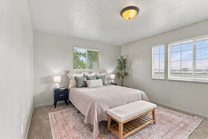 Carpeted flooring, multiple windows with blinds, and an overhead flush-mount light fixture