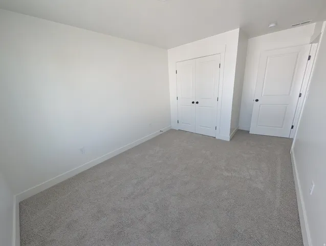 Neutral wall finish, light gray carpet flooring, white trim, and white paneled doors