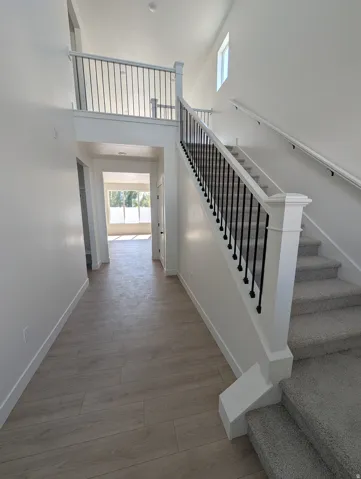 Two-story foyer with wood-finish flooring, carpeted staircase, and black metal balusters