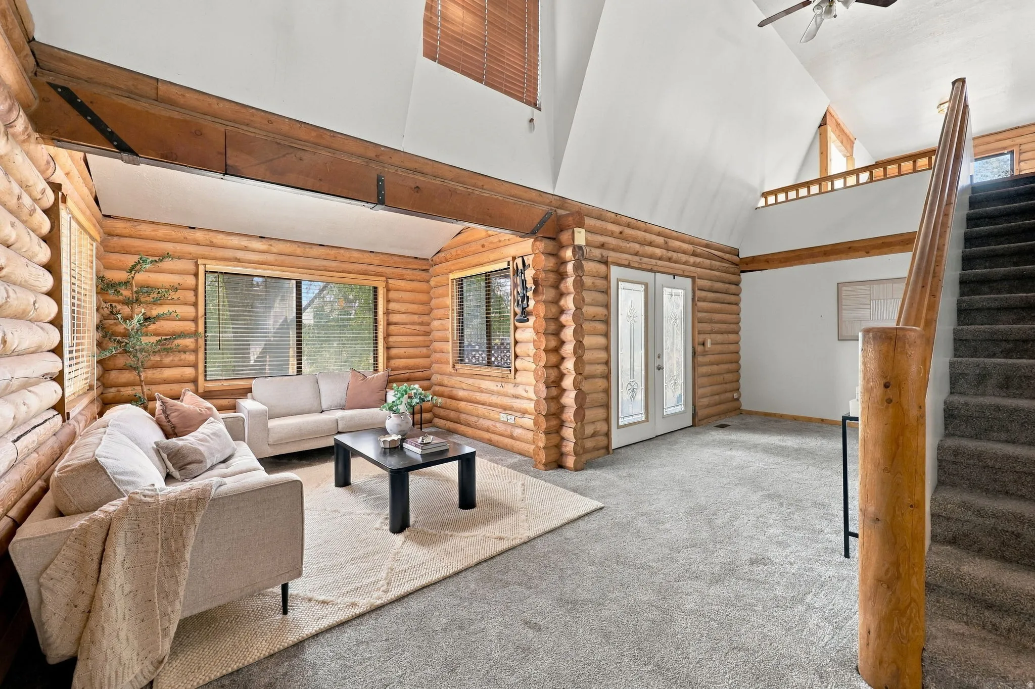 Vaulted ceilings with exposed wood beams