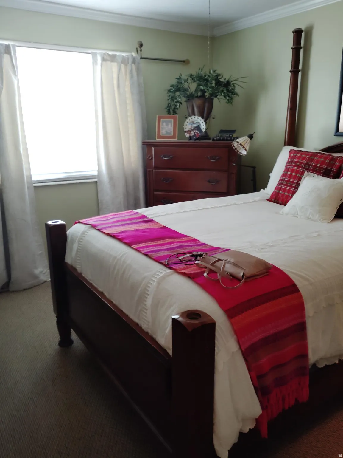 Carpeted flooring, crown molding, white window trim, and a built-in ceiling fan