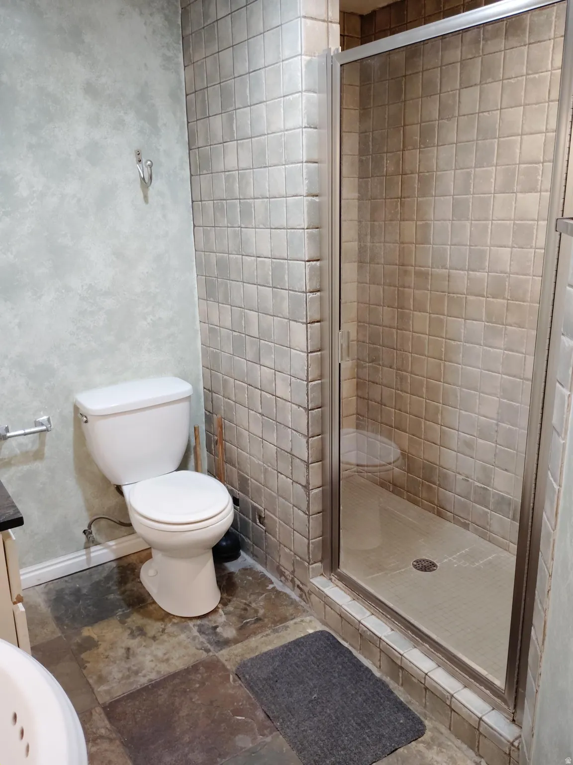 Tiled shower enclosure with a glass door, white toilet, and multi-tone stone-tile flooring