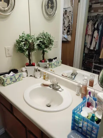 Vanity with an integrated sink and chrome faucet, large wall mirror, and wood-finish cabinetry