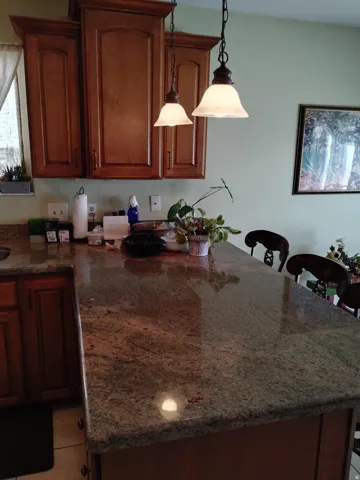 Warm-toned cabinetry with crown molding, a spacious countertop with a polished finish, and two pendant light fixtures