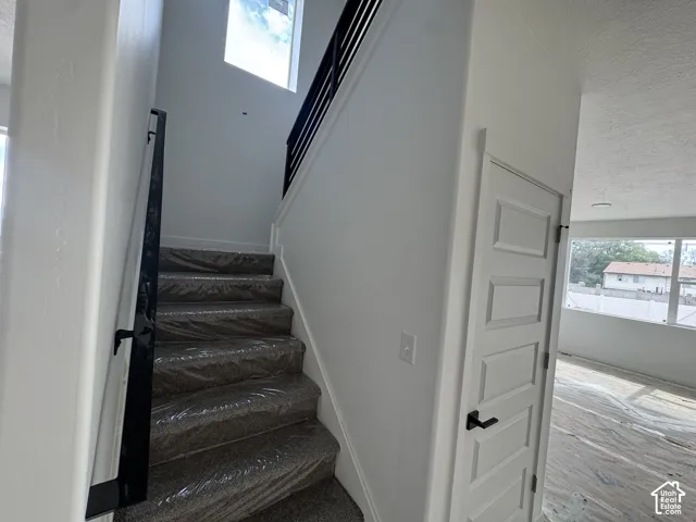 Staircase featuring dark metal railing and carpeted treads