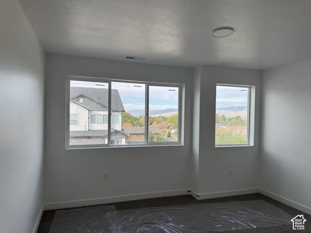 Multiple windows providing ample natural light, neutral wall colors, and a ceiling-mounted light fixture