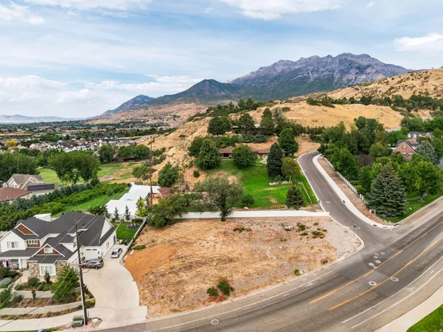 Expansive undeveloped lot with street frontage, bordering a paved road, and mountain backdrop