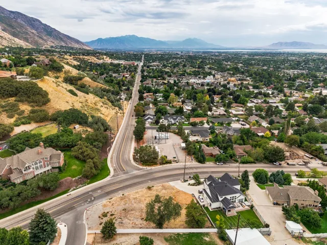 Residential area with extensive tree canopy, mountainous terrain, and distant body of water