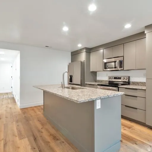Kitchen featuring an island with an undermount sink, stainless steel appliances, recessed lighting, wood-finish flooring, and gray cabinetry
