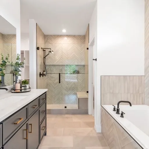 White countertop vanity with undermount sink and matte black faucet