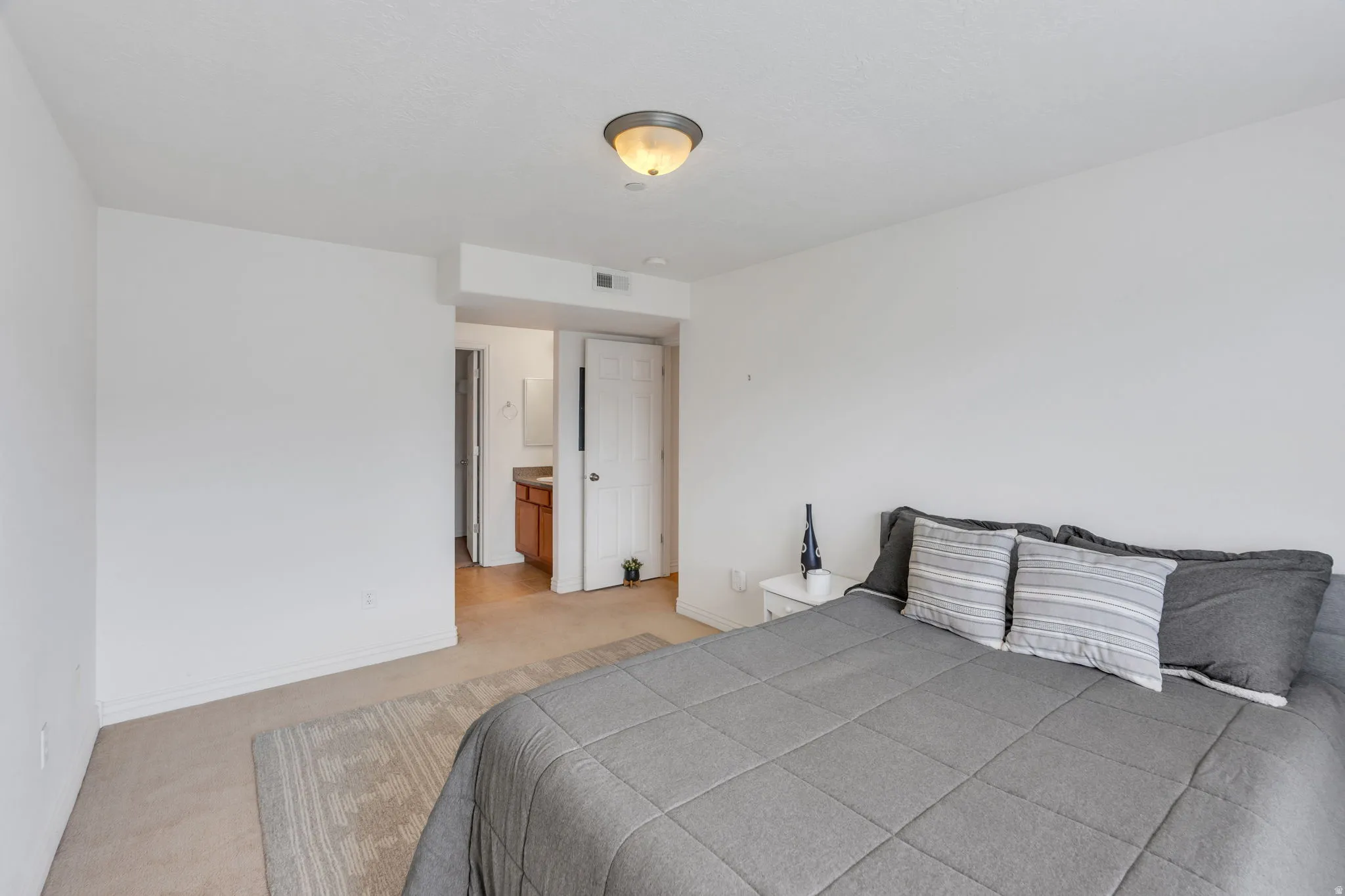 Neutral wall color, wall-to-wall carpeting, overhead flush mount light fixture, wood-finish vanity with a built-in sink