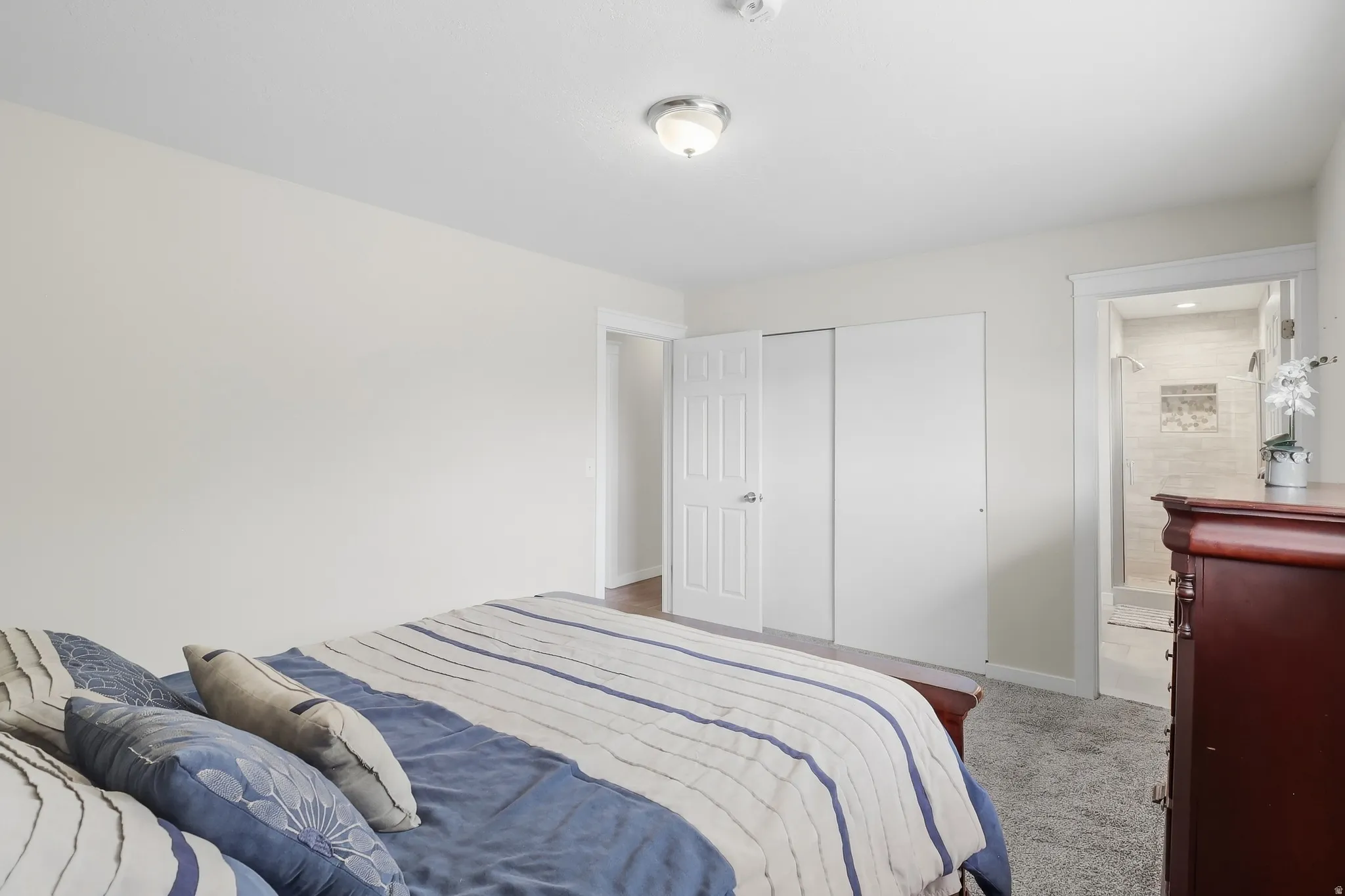 Recessed ceiling light fixture, white interior walls, white trim, sliding closet doors, carpeted flooring, tiled shower with mosaic accent