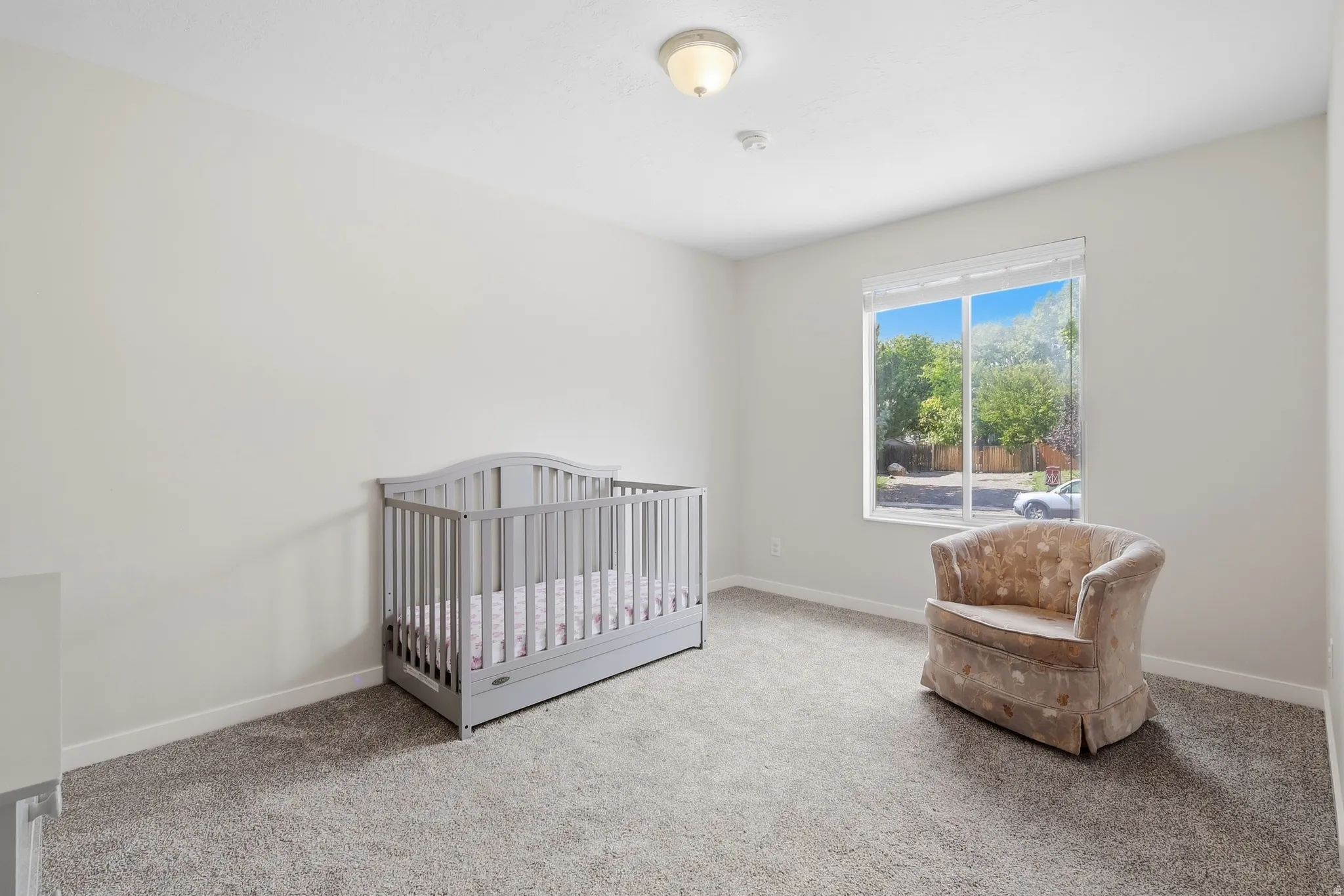 Carpeted room with a double-pane window and a flush-mount ceiling light