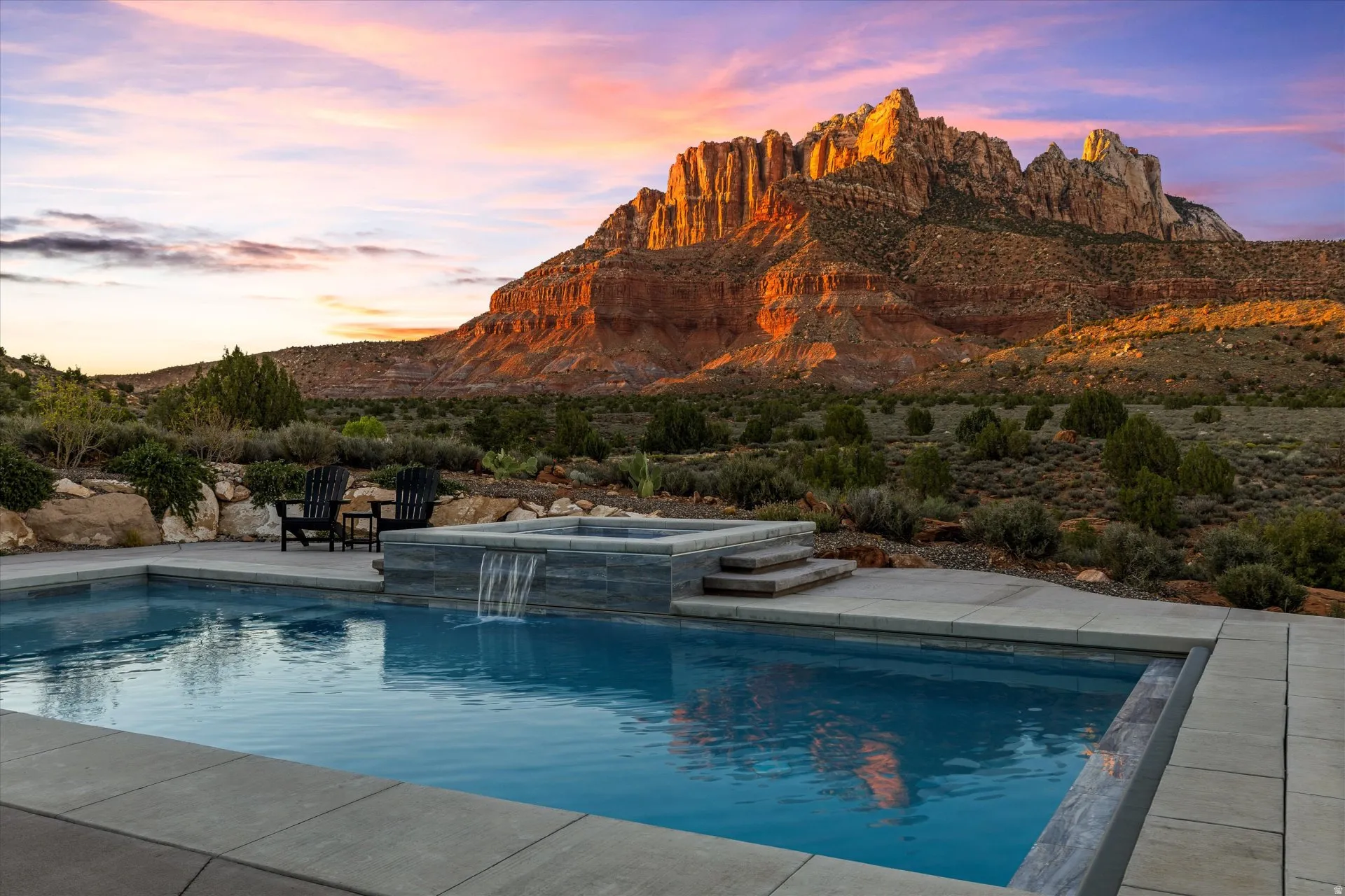 Twilight view at the pool, Mt. Kinesava rising in the distance.