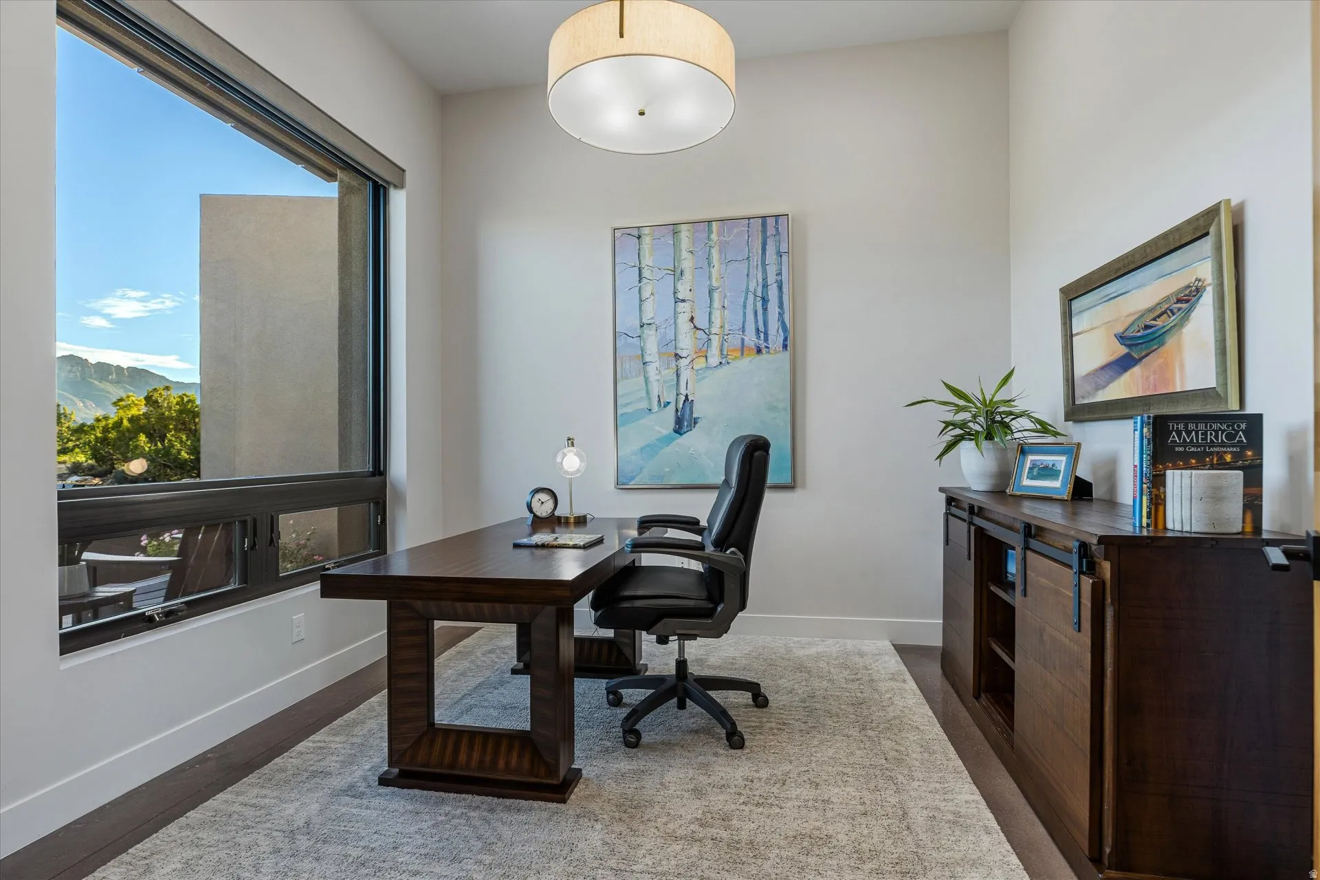 A dedicated office looks straight out at Eagle Crags — a work-from-home view like no other.