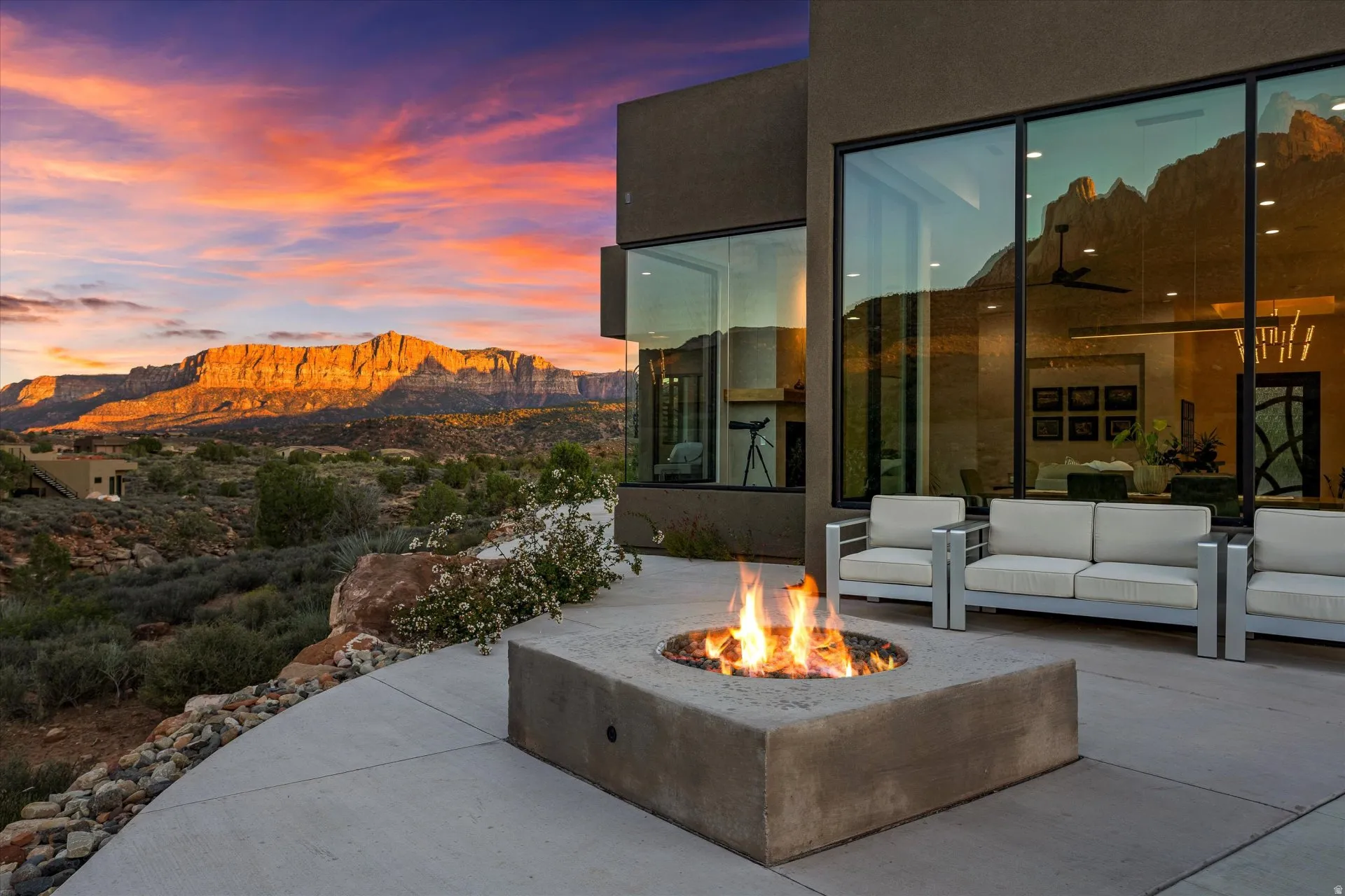 Fire pit terrace with unobstructed views of Mt. Kinesava.