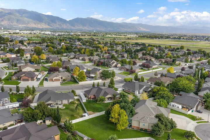 Residential neighborhood with mature trees, established landscaping, mountain backdrop, and paved streets