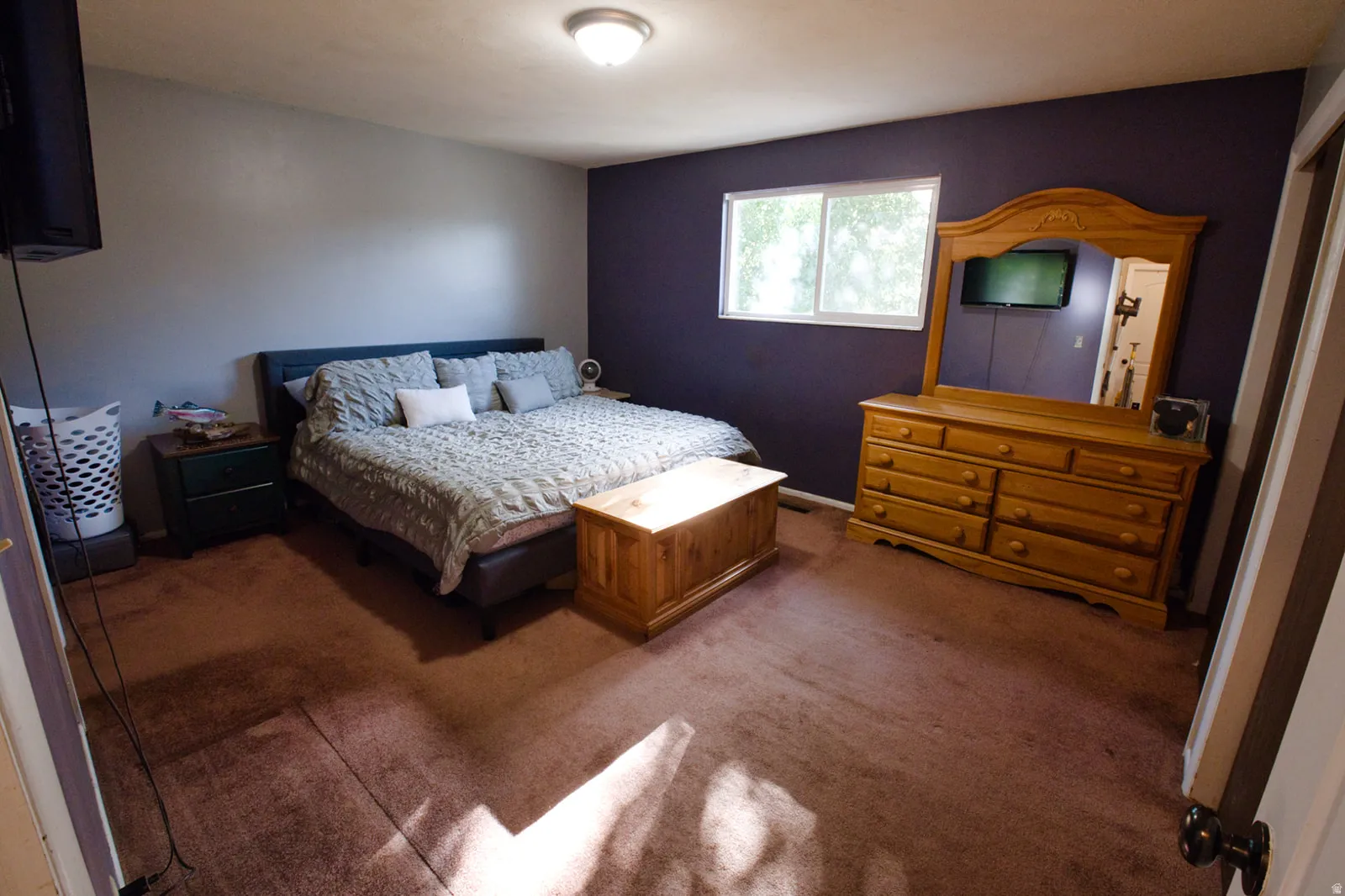 Carpeted flooring throughout the room, featuring a built-in window and overhead lighting