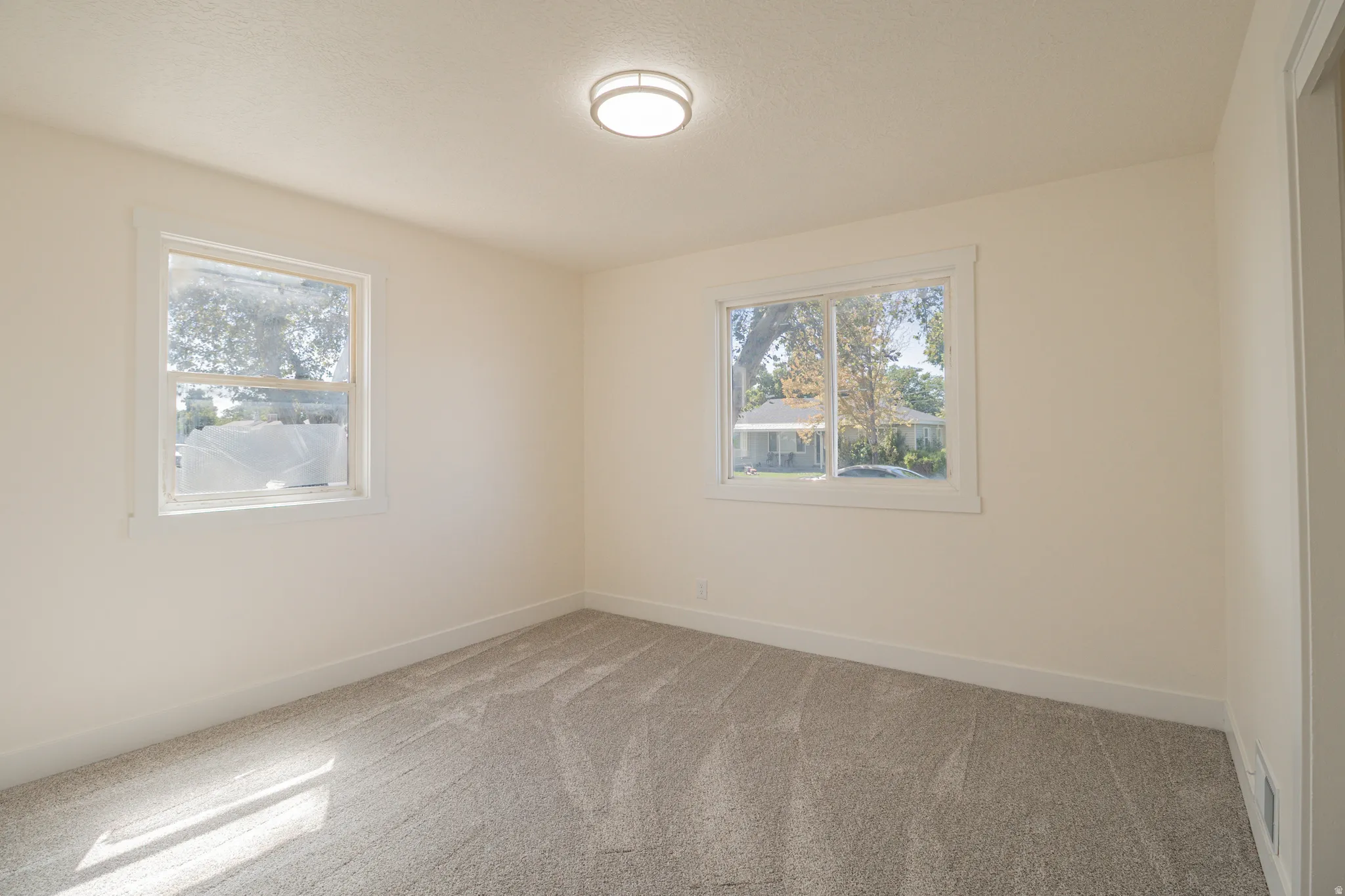 Neutral wall finishes, plush carpet flooring, two windows, and a ceiling-mounted light fixture