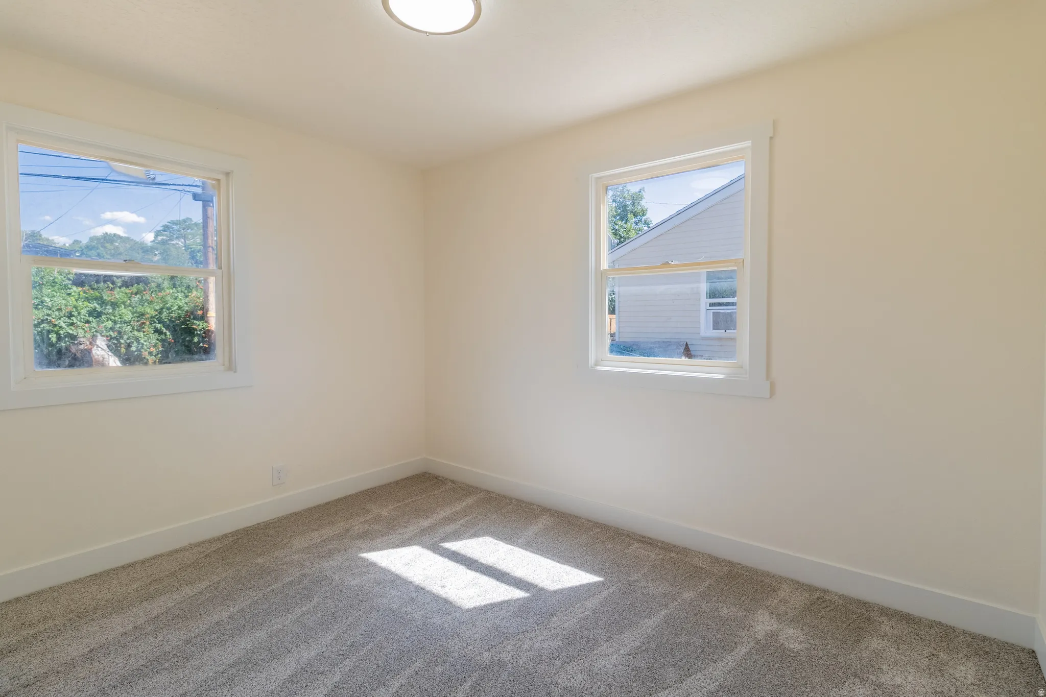 Plush gray carpeting, white painted walls, and a flush mount ceiling light fixture