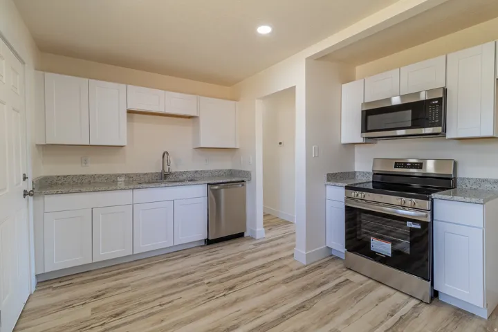 White cabinetry, stainless steel appliances, wood-finish flooring, recessed lighting, and a double basin sink