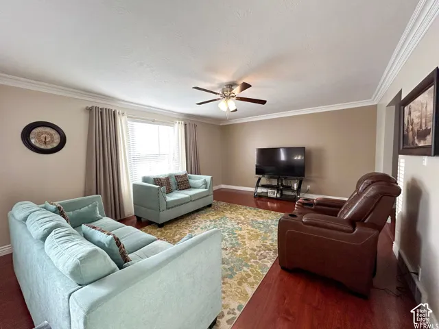 Hardwood-finish flooring, crown molding, a ceiling fan with integrated lighting, and a large window with blinds