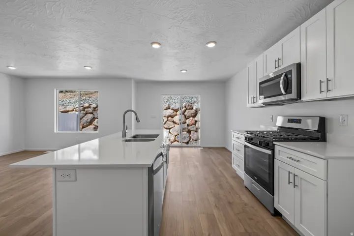 Modern kitchen with white cabinetry and stainless steel appliances